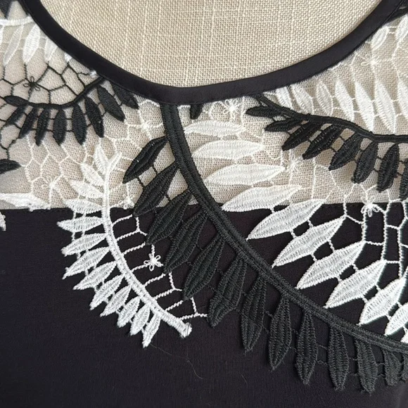WHITE HOUSE BLACK MARKET-Black/White Lace Detail Top-Cap Sleeves-Knit Body Sz M - Picture 2 of 12